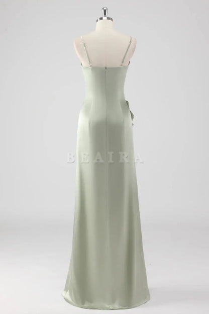 Beaira Simple Sage Long Satin V Neck Ruffled Sheath Bridesmaid Dress New Arrivals