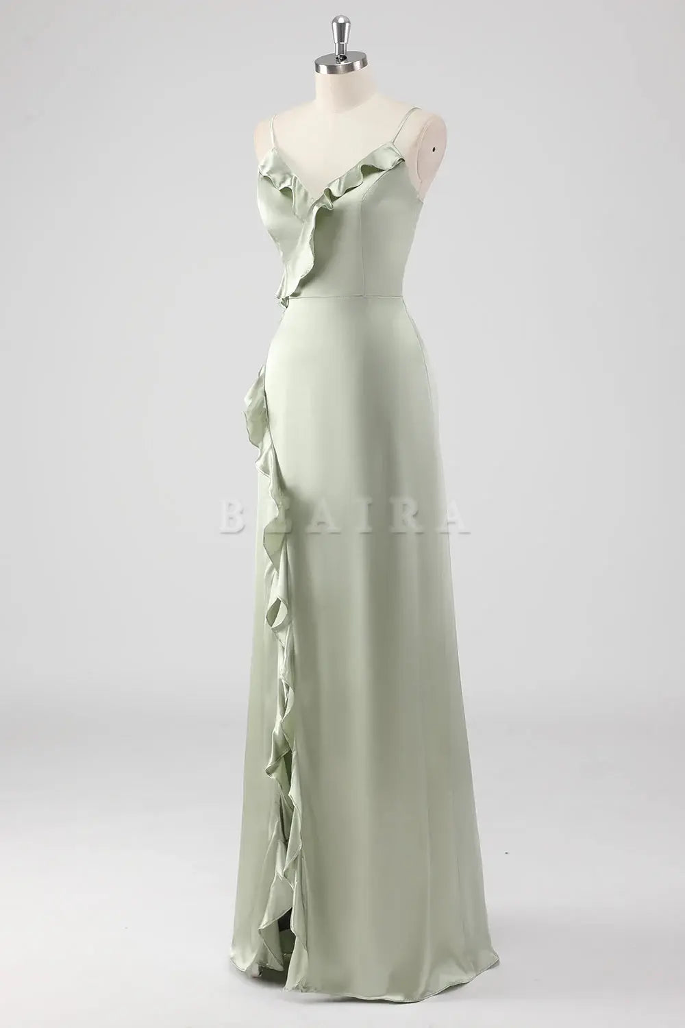 Beaira Simple Sage Long Satin V Neck Ruffled Sheath Bridesmaid Dress New Arrivals