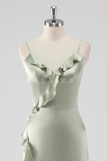 Beaira Simple Sage Long Satin V Neck Ruffled Sheath Bridesmaid Dress New Arrivals