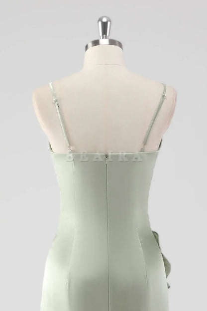 Beaira Simple Sage Long Satin V Neck Ruffled Sheath Bridesmaid Dress New Arrivals