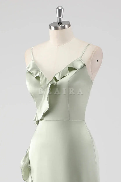 Beaira Simple Sage Long Satin V Neck Ruffled Sheath Bridesmaid Dress New Arrivals