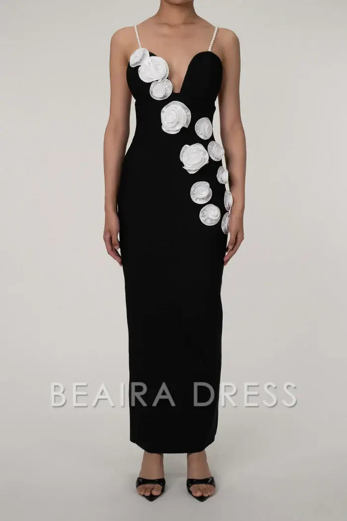 Beaira Simple Sexy White Rosette Plunge Neck Sleeveless Bandage Knit Evening Maxi Dress - Black