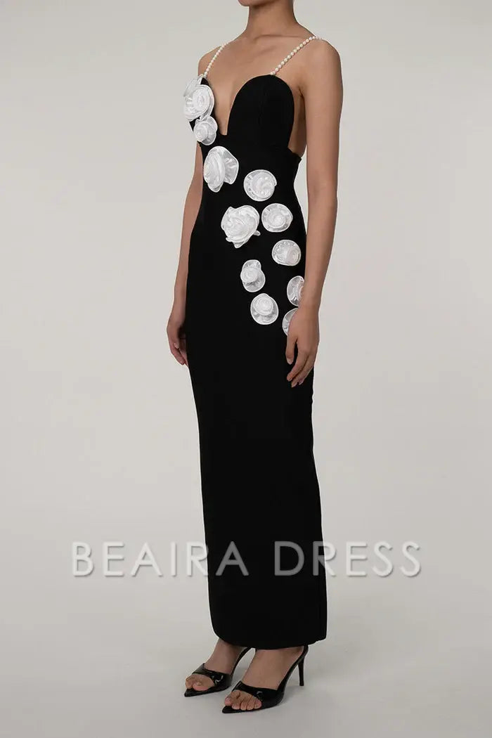 Beaira Simple Sexy White Rosette Plunge Neck Sleeveless Bandage Knit Evening Maxi Dress - Black