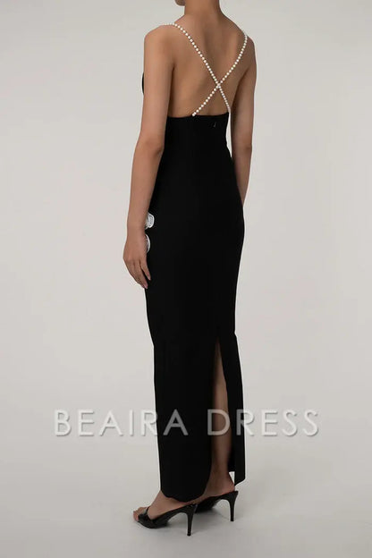 Beaira Simple Sexy White Rosette Plunge Neck Sleeveless Bandage Knit Evening Maxi Dress - Black