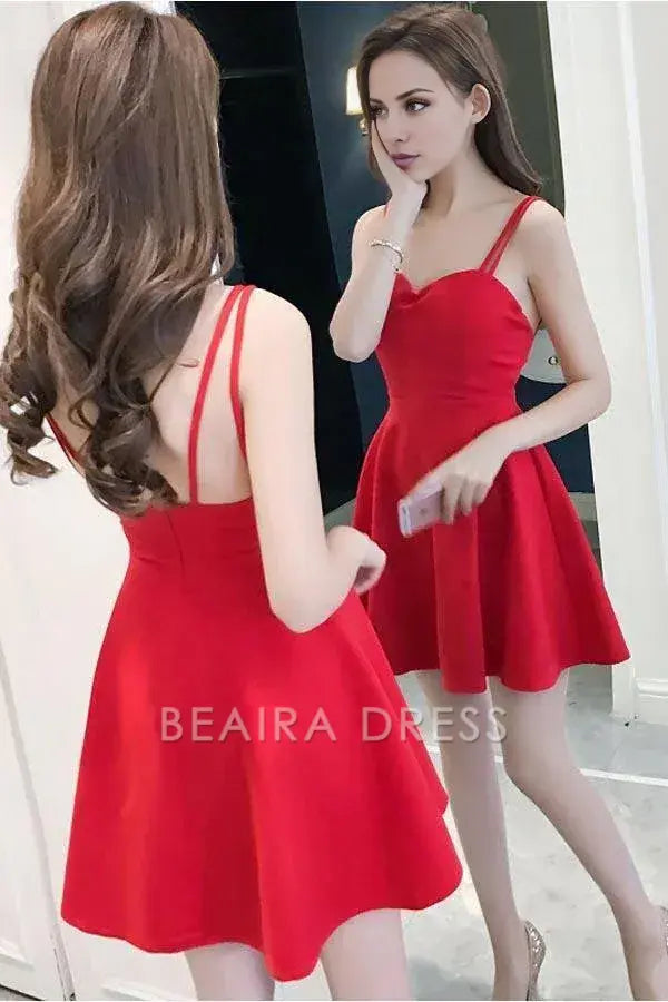 Beaira Simple Straps Sweetheart Red Satin Homecoming Dresses Party Dresses formal wear dresses