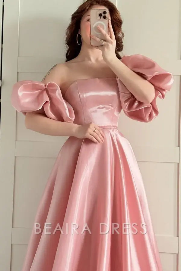 Beaira Simple & Casual A-Line Strapless Detachable Puffy Sleeves Prom Party Dress Floor Length Formal Evening Gown