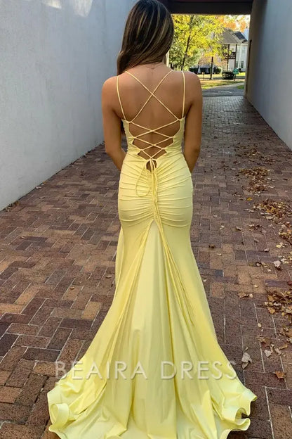 Beaira Simple & Casual Mermaid V Neck Straps Sleeveless Criss Cross Straps Floor Length Wedding Guest Dress Prom Party Gown with Train