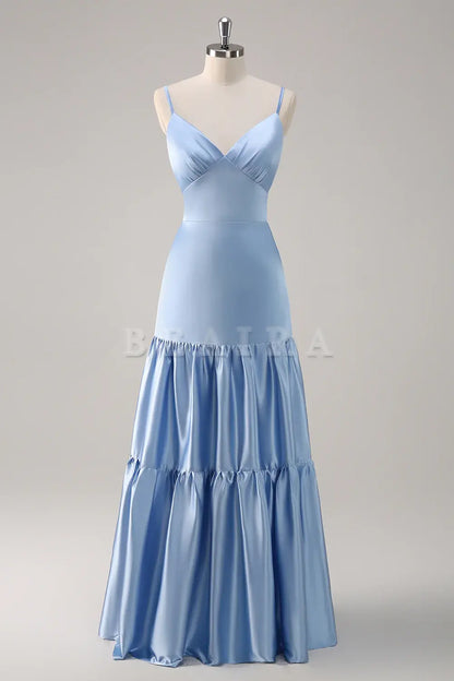 Beaira Sky Blue A Line V Neck Spaghetti Straps Ruffle Satin Bridesmaid Dress Bridesmaid dress shop