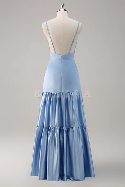 Beaira Sky Blue A Line V Neck Spaghetti Straps Ruffle Satin Bridesmaid Dress Bridesmaid dress shop