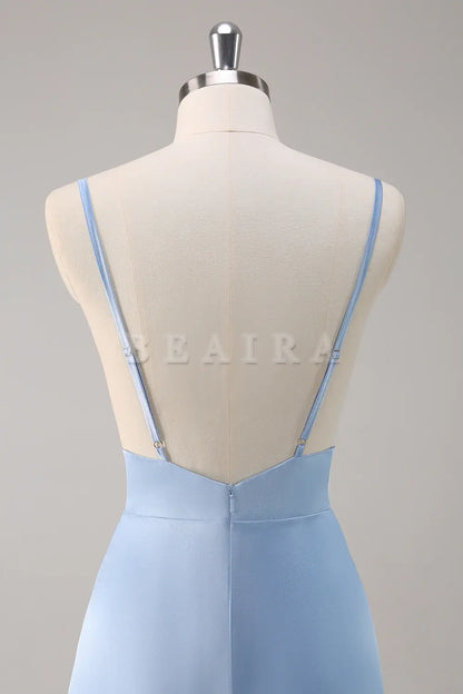 Beaira Sky Blue A Line V Neck Spaghetti Straps Ruffle Satin Bridesmaid Dress Bridesmaid dress shop