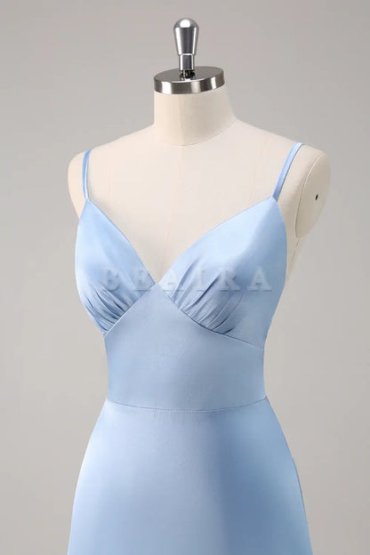 Beaira Sky Blue A Line V Neck Spaghetti Straps Ruffle Satin Bridesmaid Dress Bridesmaid dress shop