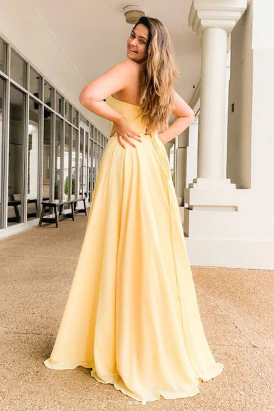A Line Side Slit Satin Light Yellow Long Prom Dresses