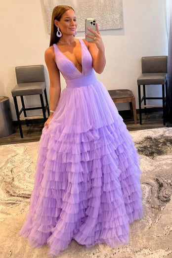A Line Prom Dresses Tulle With Ruffles Floor Length