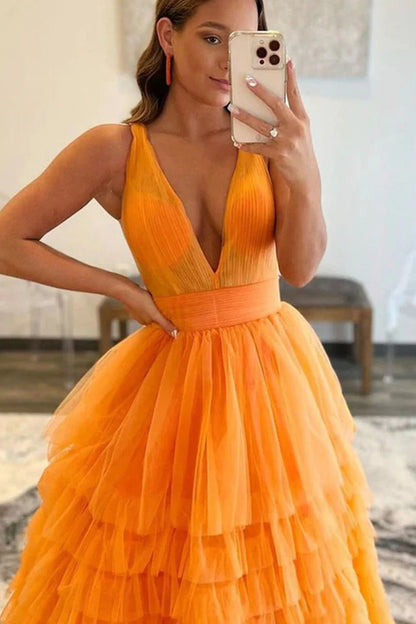 A Line Prom Dresses Tulle With Ruffles Floor Length