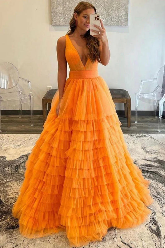 A Line Prom Dresses Tulle With Ruffles Floor Length