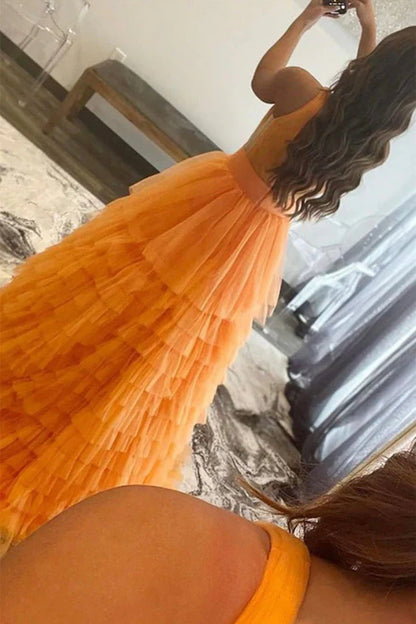 A Line Prom Dresses Tulle With Ruffles Floor Length
