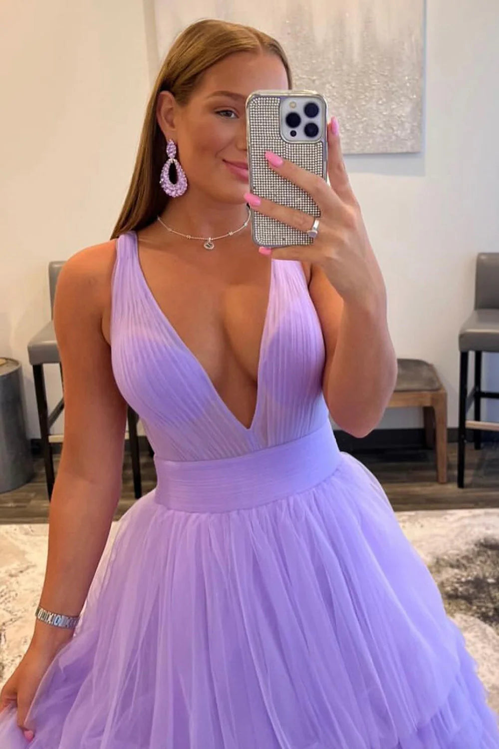 A Line Prom Dresses Tulle With Ruffles Floor Length