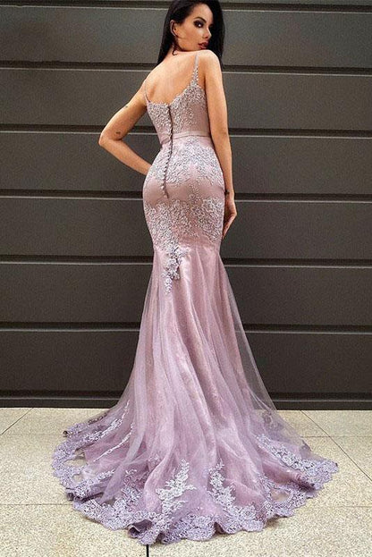 Spaghetti Straps Prom Dresses Tulle With Applique Sweep Train Mermaid