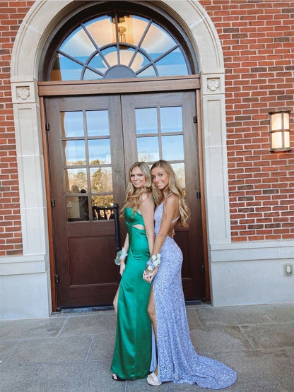 V Neck Mermaid Sequins Sleeveless Floor Length Prom Dresses With Split
