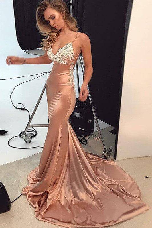 V Neck Satin Prom Dresses Lace Criss Cross Mermaid Evening Dresses