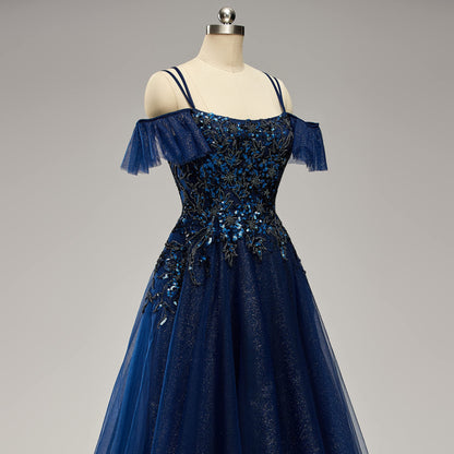 Sparkle A Line Off Shoulder Tulle Appliques Beaded Ruffles Prom Dresses