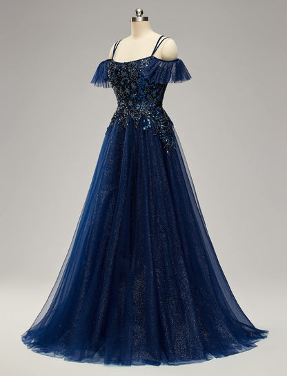 Sparkle A Line Off Shoulder Tulle Appliques Beaded Ruffles Prom Dresses