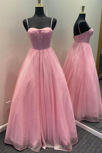 A Line Spaghetti Straps Sequin Tulle Prom Dresses Floor Length Evening Dress