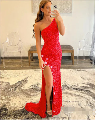 Sparkle Sequin One Shoulder Mermaid Backless Split Prom Dress With Star