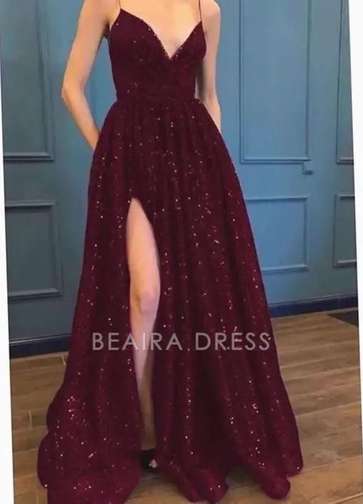 Beaira Elegant Sparkle spaghetti straps long prom dress v-neck a line full length evening dress formal wear dresses