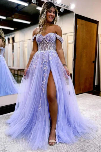 A Line Off The Shoulder Appliques Long Tulle Prom Dress with Slit