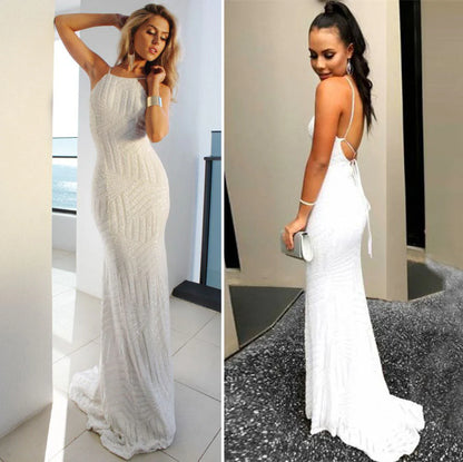 Mermaid Halter Backless White Sequins Prom Dresses
