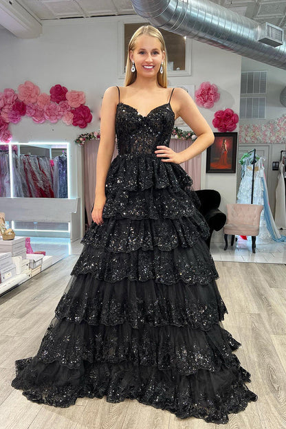 Sparkly Spaghetti Straps Tiered Sequin Embroidery Long Prom Dresses