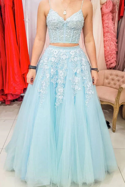 Sparkly Two Piece Tulle Blue Lace Up Back Long Prom Dresses With Applique