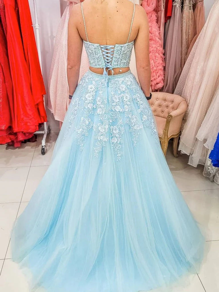 Sparkly Two Piece Tulle Blue Lace Up Back Long Prom Dresses With Applique