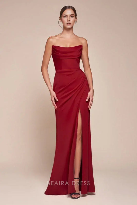 Simple Strapless Cowl Neck High Slit Maxi Dress prom dress