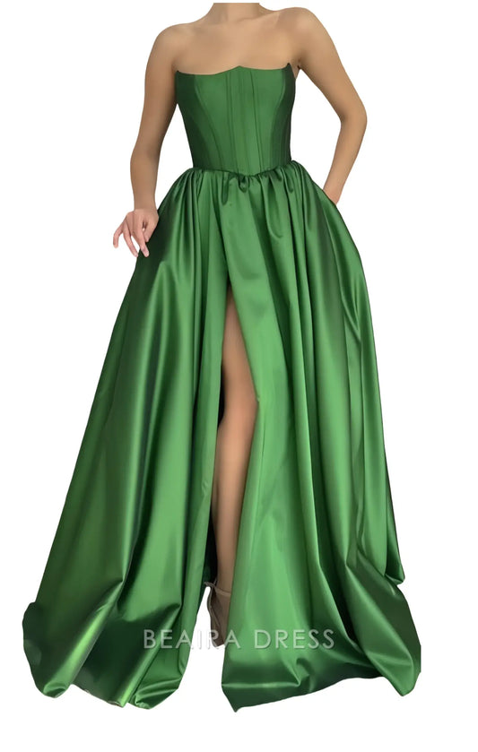 Beaira Elegant Strapless Green A-Line Satin Prom Dress formal wear dresses