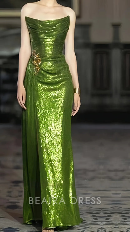 Beaira Elegant Strapless Green Sequin Prom Dress With Split formal wear dresses