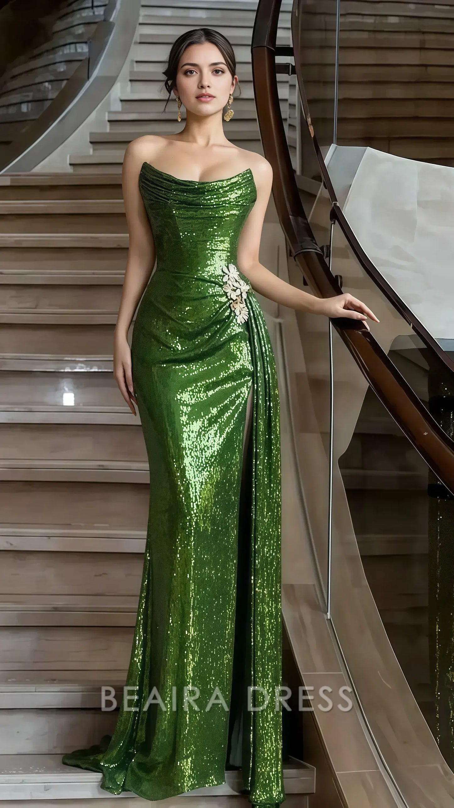 Beaira Elegant Strapless Green Sequin Prom Dress With Split formal wear dresses