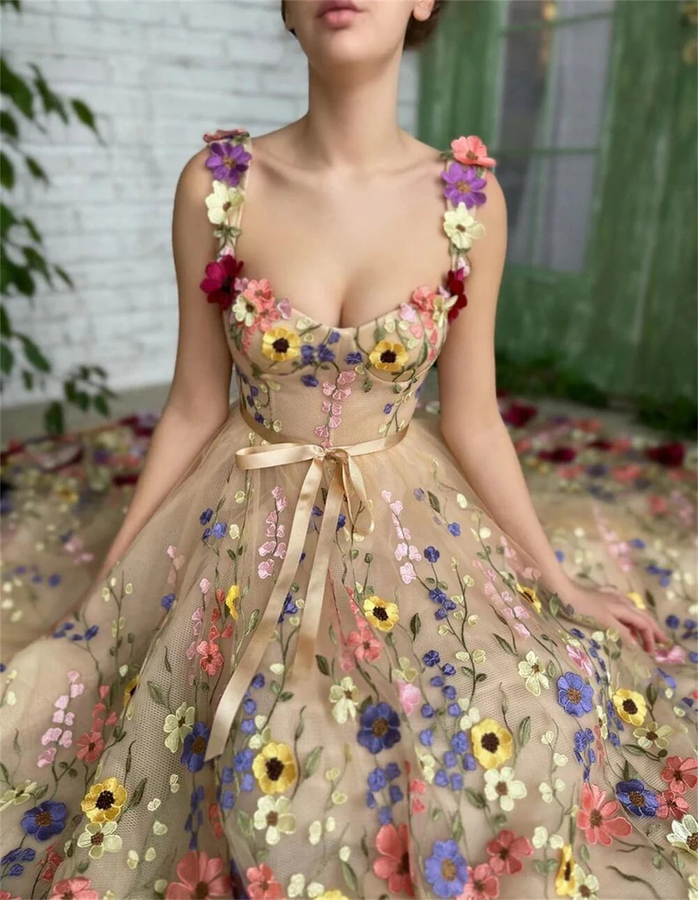 A Line Tulle Prom Dresses With 3D Flower