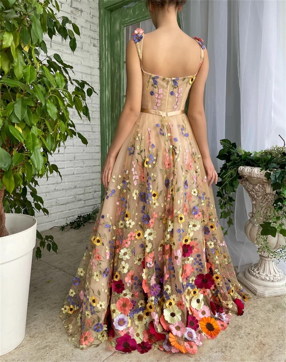 A Line Tulle Prom Dresses With 3D Flower