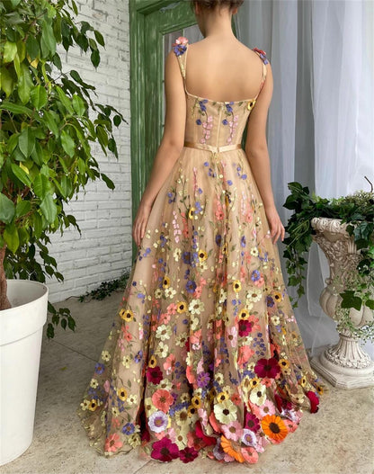 A Line Tulle Prom Dresses With 3D Flower