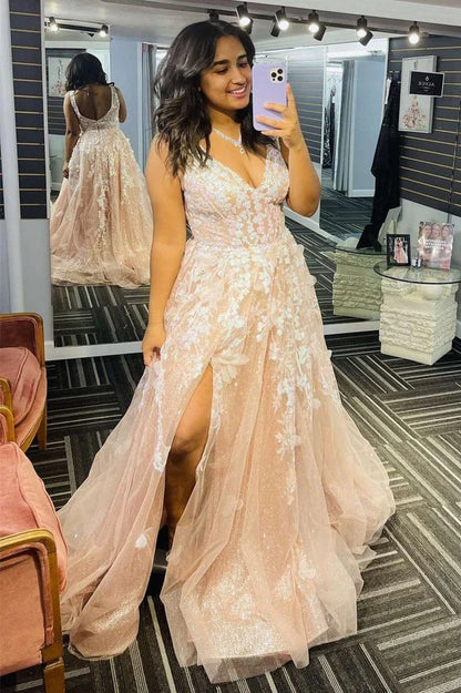 V Neck Tulle With Appliques Prom Dresses Long Cheap Formal Dress