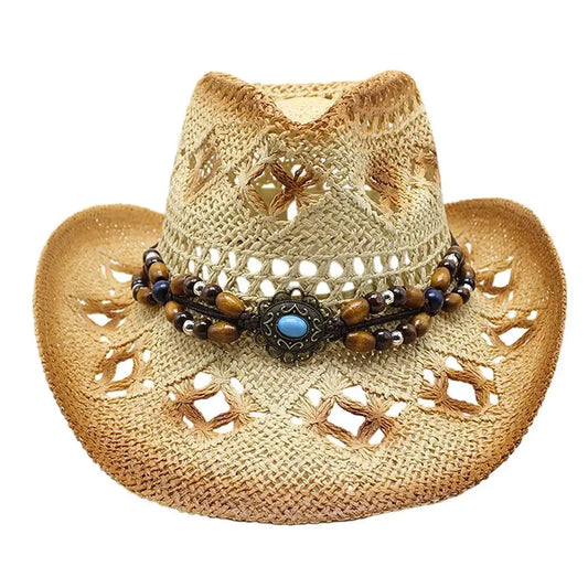 Beaira Straw Cowgirl Hat Unisex Beach Hat Cow Boy Hat With Hat Band For Men Women Breathable Lightweight Sun Protection