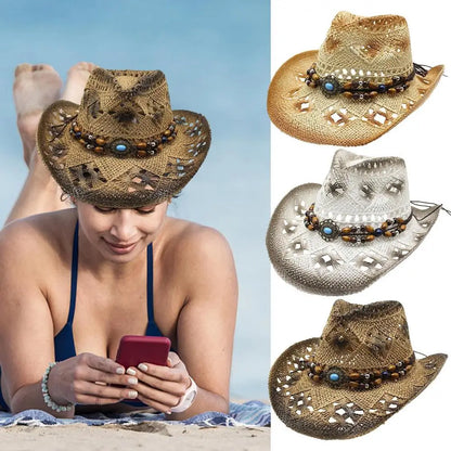 Beaira Straw Cowgirl Hat Unisex Beach Hat Cow Boy Hat With Hat Band For Men Women Breathable Lightweight Sun Protection