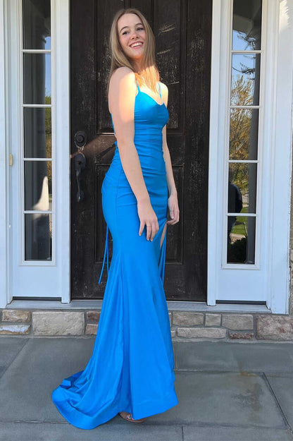 Spaghetti Straps Mermaid Satin Long Prom Dress With Slit