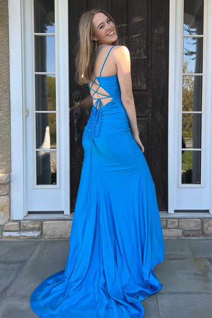 Spaghetti Straps Mermaid Satin Long Prom Dress With Slit