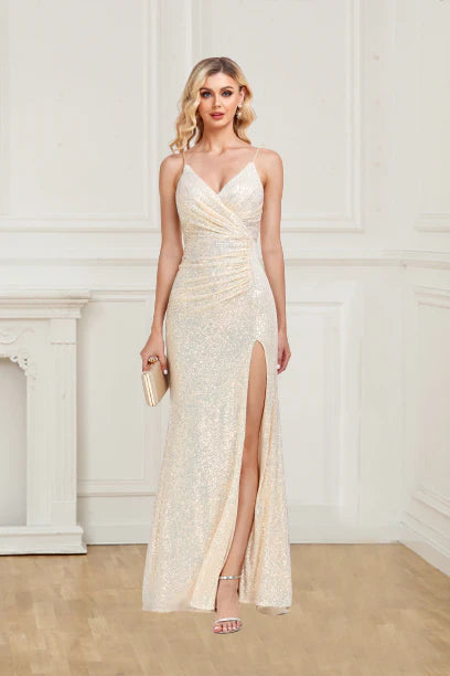 Stunning Sheath Spaghetti Straps V Neck Sequin Slit Prom Dress