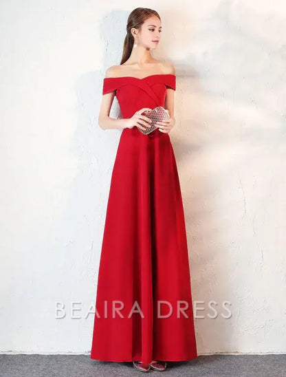 Beaira Stunning Evening Dresses Burgundy Off The Shoulder evening dress Satin Floor Length Formal Party Dress wedding guest dress