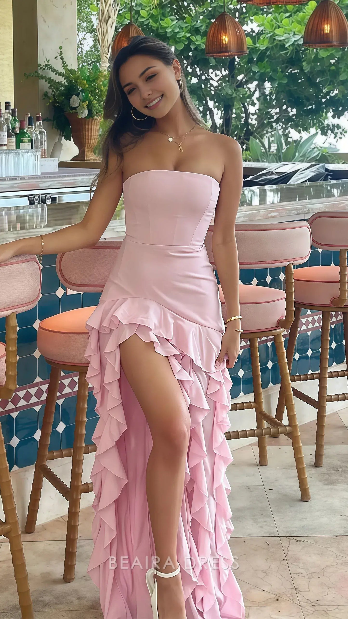 Beaira Elegant Sweet Pink Bodycon Ruffle Party Dress Split Strapless Homecoming Dress formal wear dresses