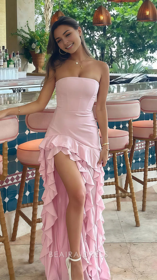 Beaira Elegant Sweet Pink Bodycon Ruffle Party Dress Split Strapless Homecoming Dress formal wear dresses